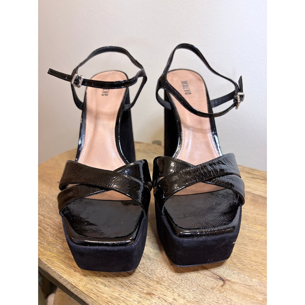 Maeve Black Patent Leather Platform Sandals 40 Block Heel 70s Disco Bratz